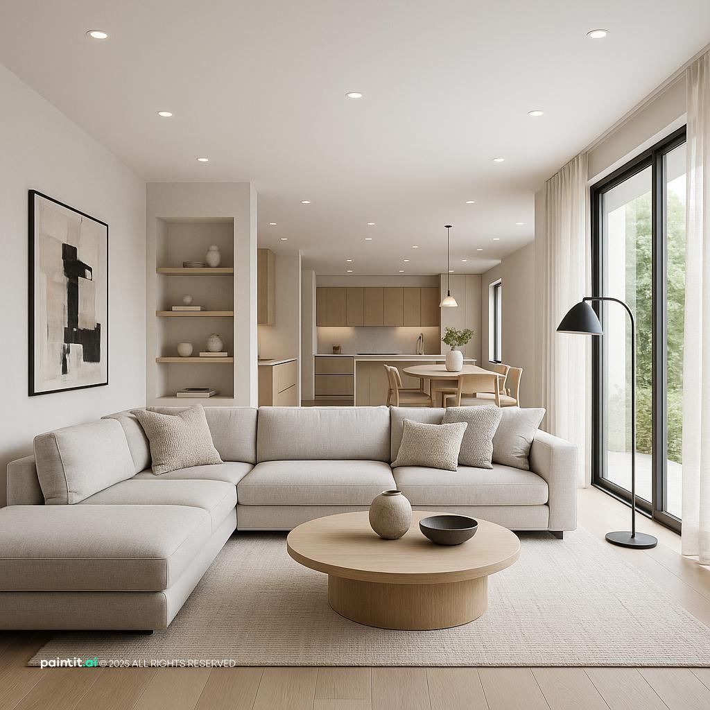 Contemporary Living Room Design 2025 showing warm wood, soft textiles, open layout for Living Room Trends 2026.