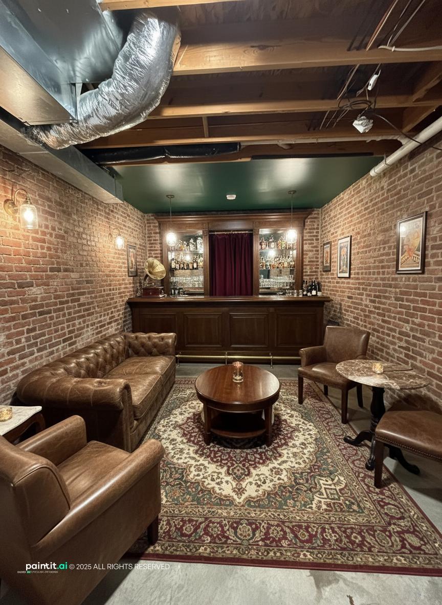 Speakeasy-style basement lounge with exposed brick, leather sofas, a Persian rug and a wooden bar