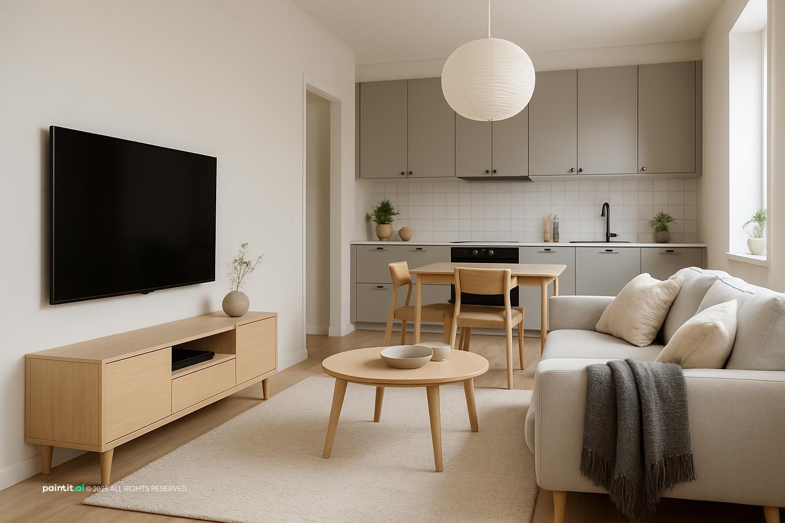 Scandinavian style wine red living room with TV, open plan flow to a modern kitchen in grey, white, black.