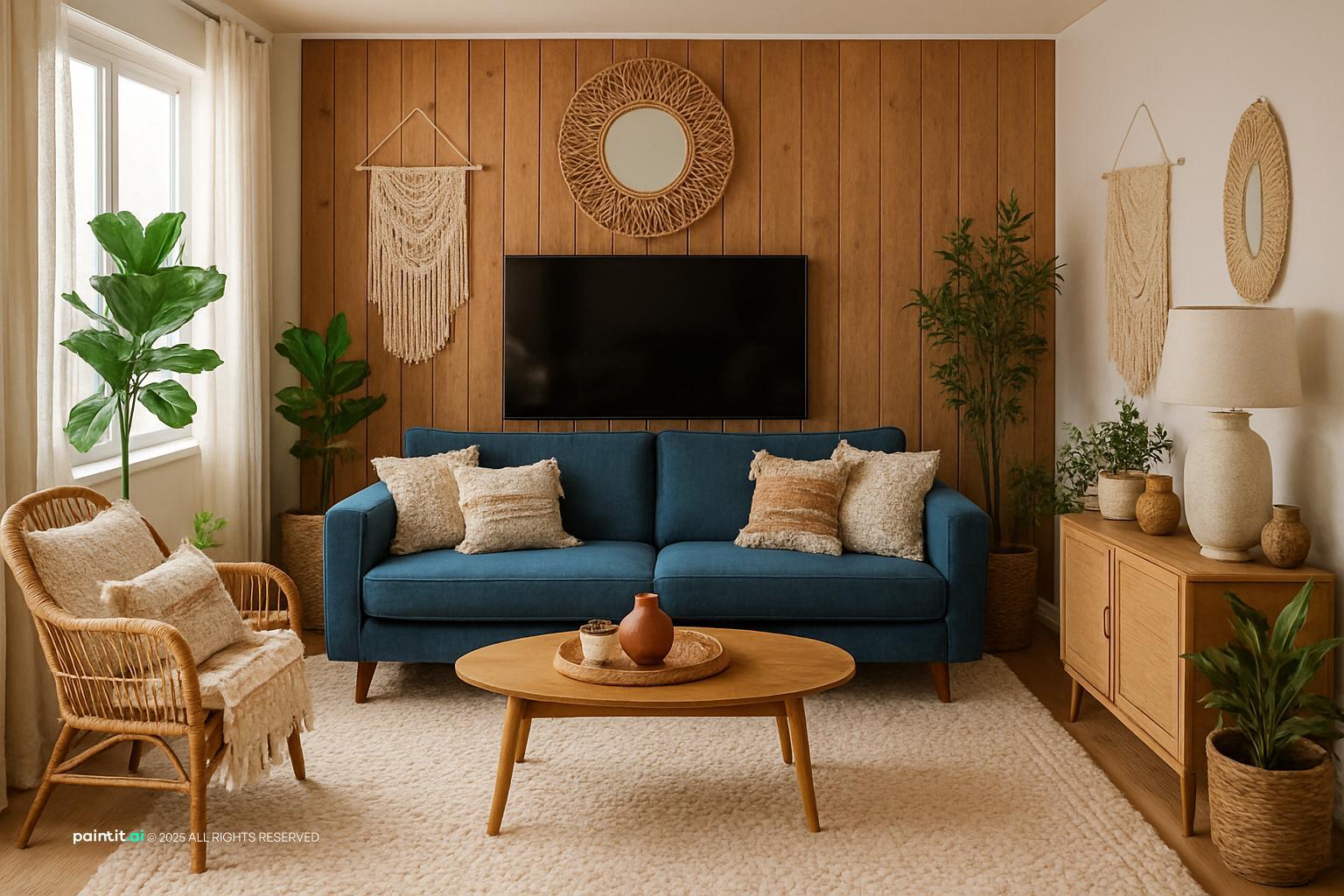 Living room with a navy blue sofa, a wood-panelled wall with a mounted TV, a sunburst mirror, rattan chairs and plants