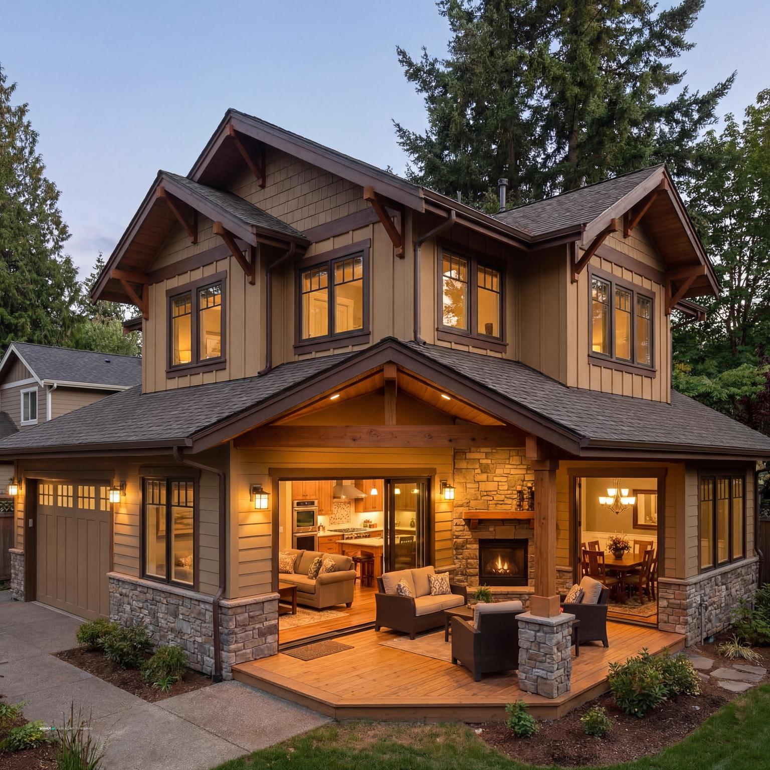 Dark cottagecore living room in a Craftsman home, featuring robust wooden furniture, built-in bookshelves, deep jewel-toned fabrics, and a connection to a cozy...