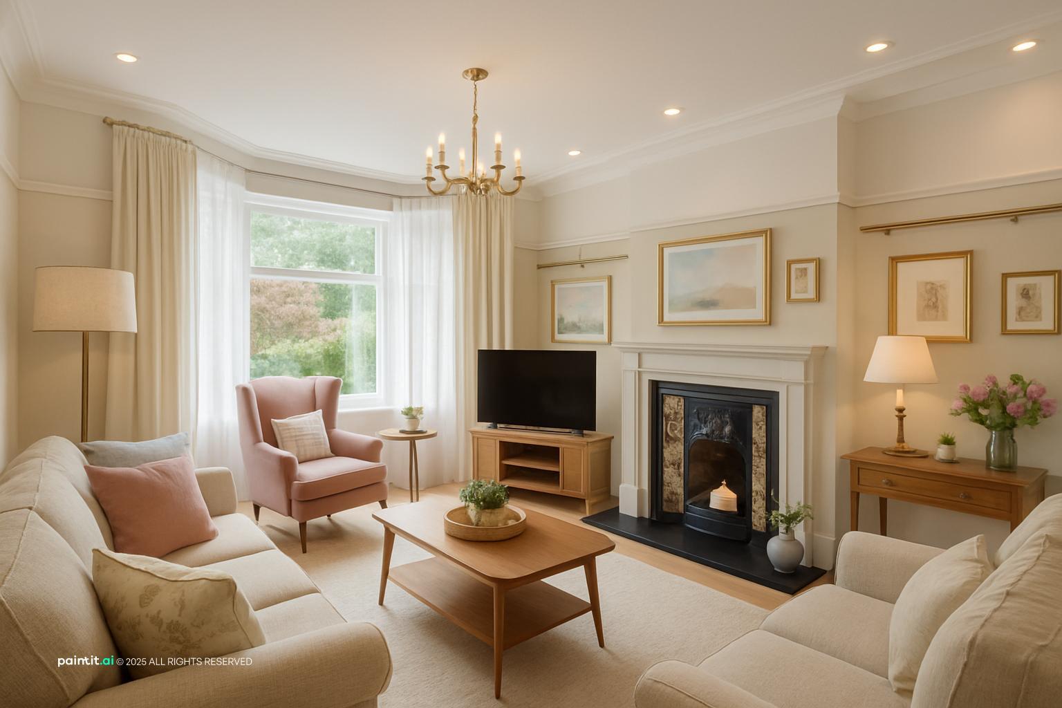French country living room with warm beige walls, a fireplace, floral armchairs and picture rails