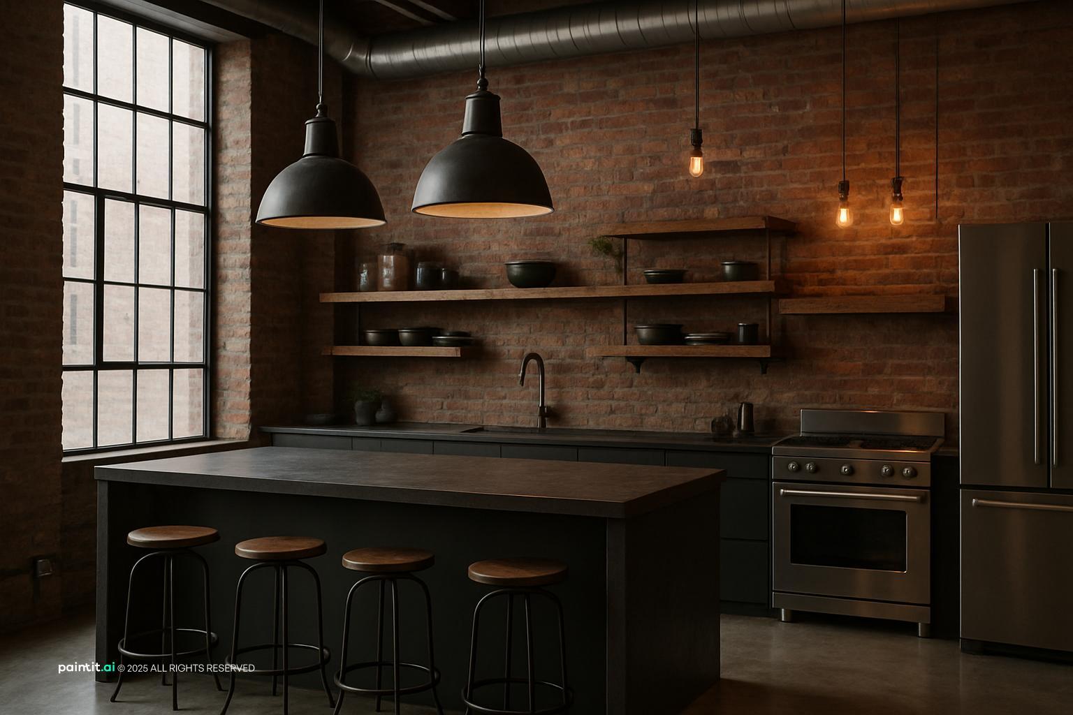 Stunning Industrial Loft Kitchen Design with Leather Seating for New York Loft Style Interior Design