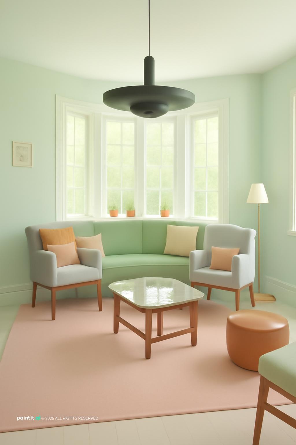 Living room in pastel mint with pale upholstered seating, a round coffee table and a sculptural pendant