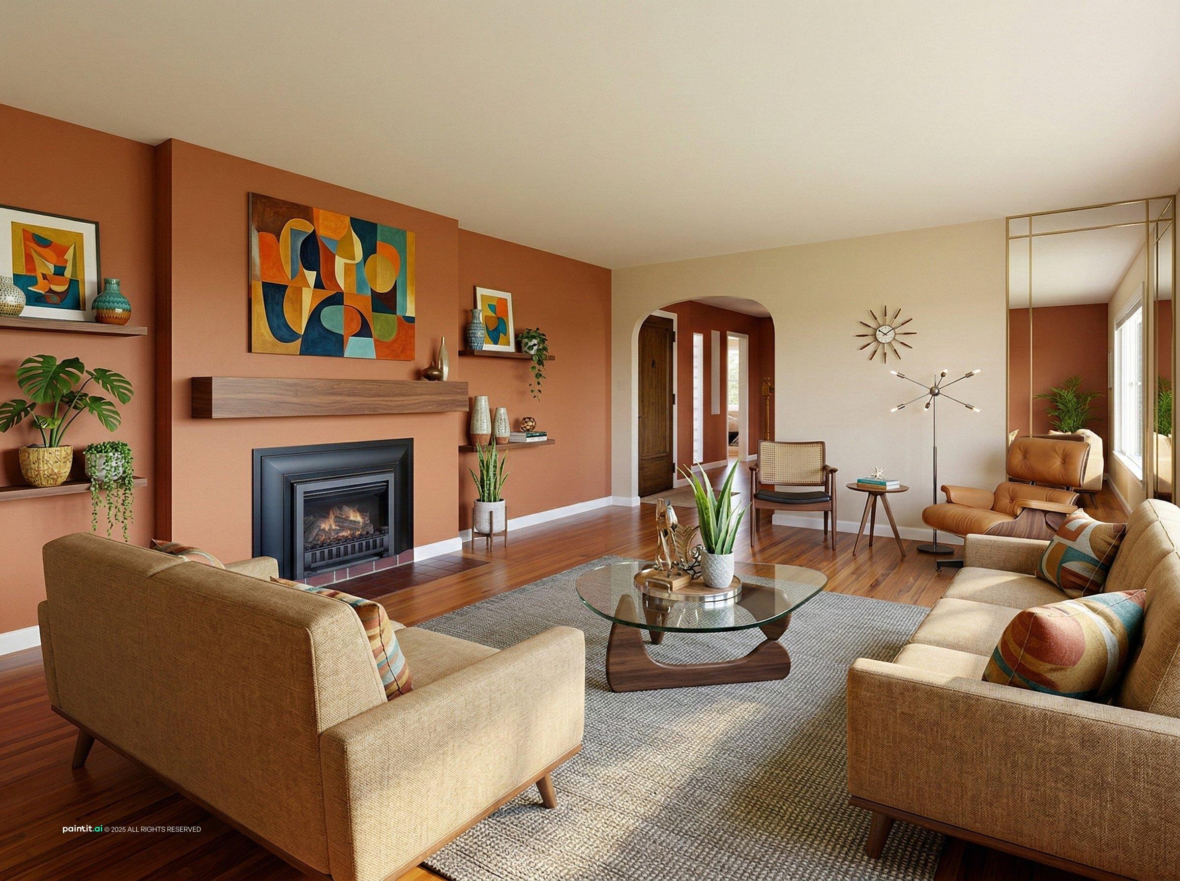 Earthy living room with terracotta walls, tan sofas and colourful abstract art