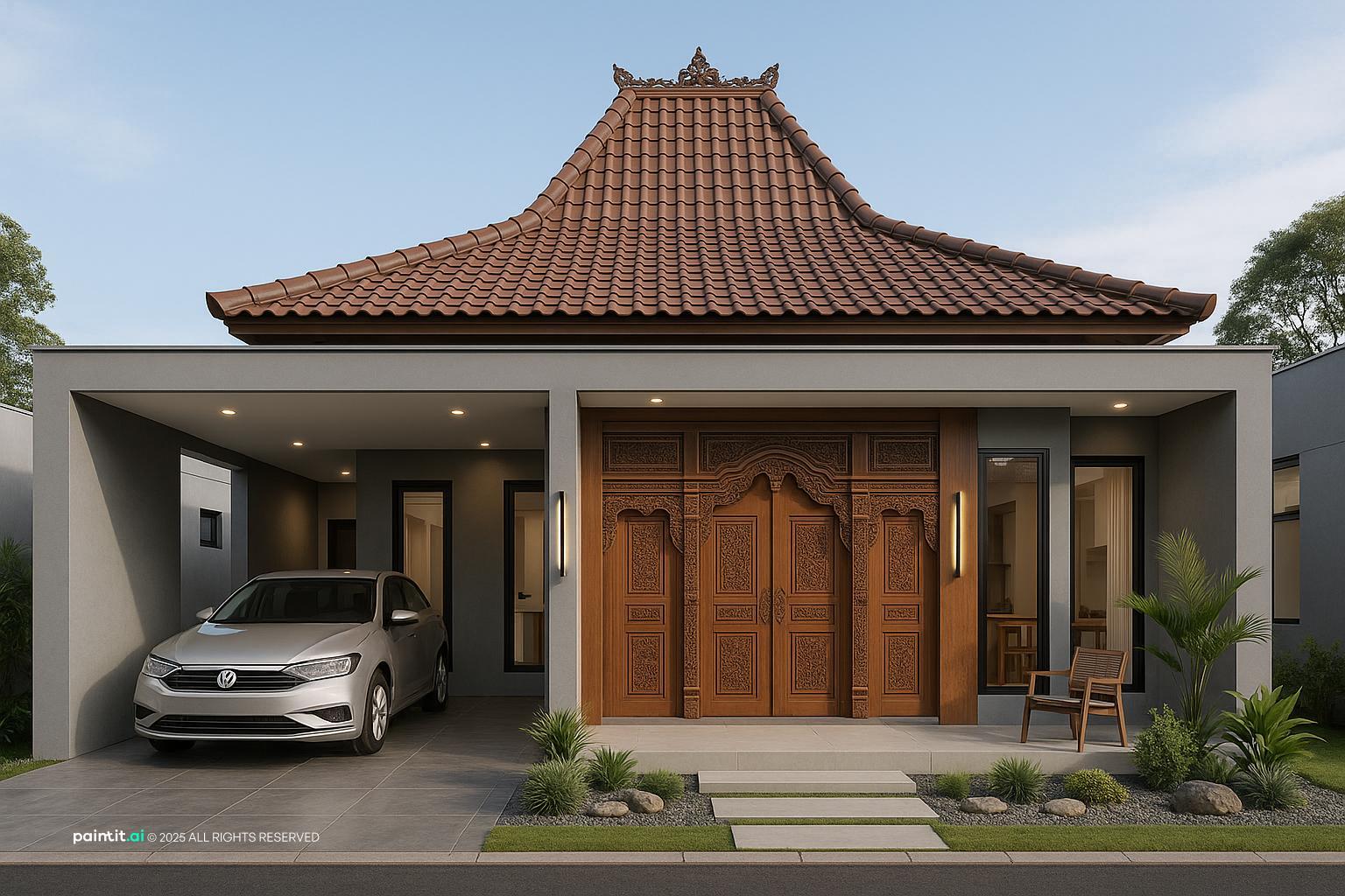 Futuristic Javanese House Design with stone and wood and a calm living room atmosphere.