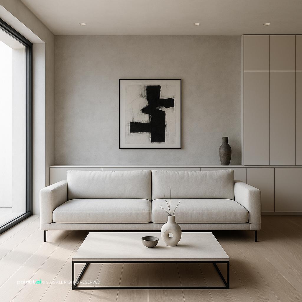 Stunning Minimalist Living Room Design showing black contrast, grey palette, clean-lined furniture for Black and Grey Living Room Ideas.