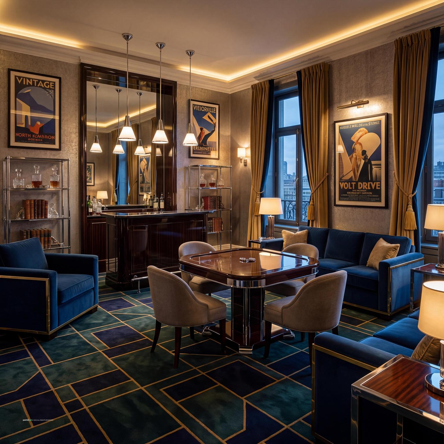 Bold Art Deco navy blue and burnt orange living room design, offering sophisticated