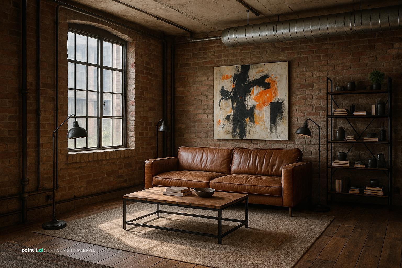Industrial loft apartment with brick wall and metal details