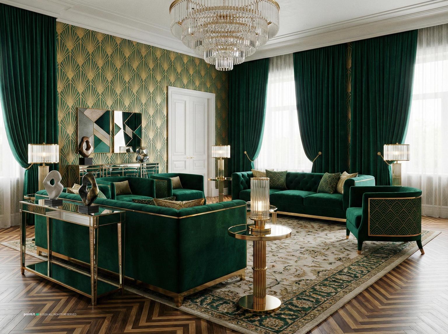 Emerald Green and Gold Living Room Ideas - Elegant Decor Tips | Paintit.ai - 11