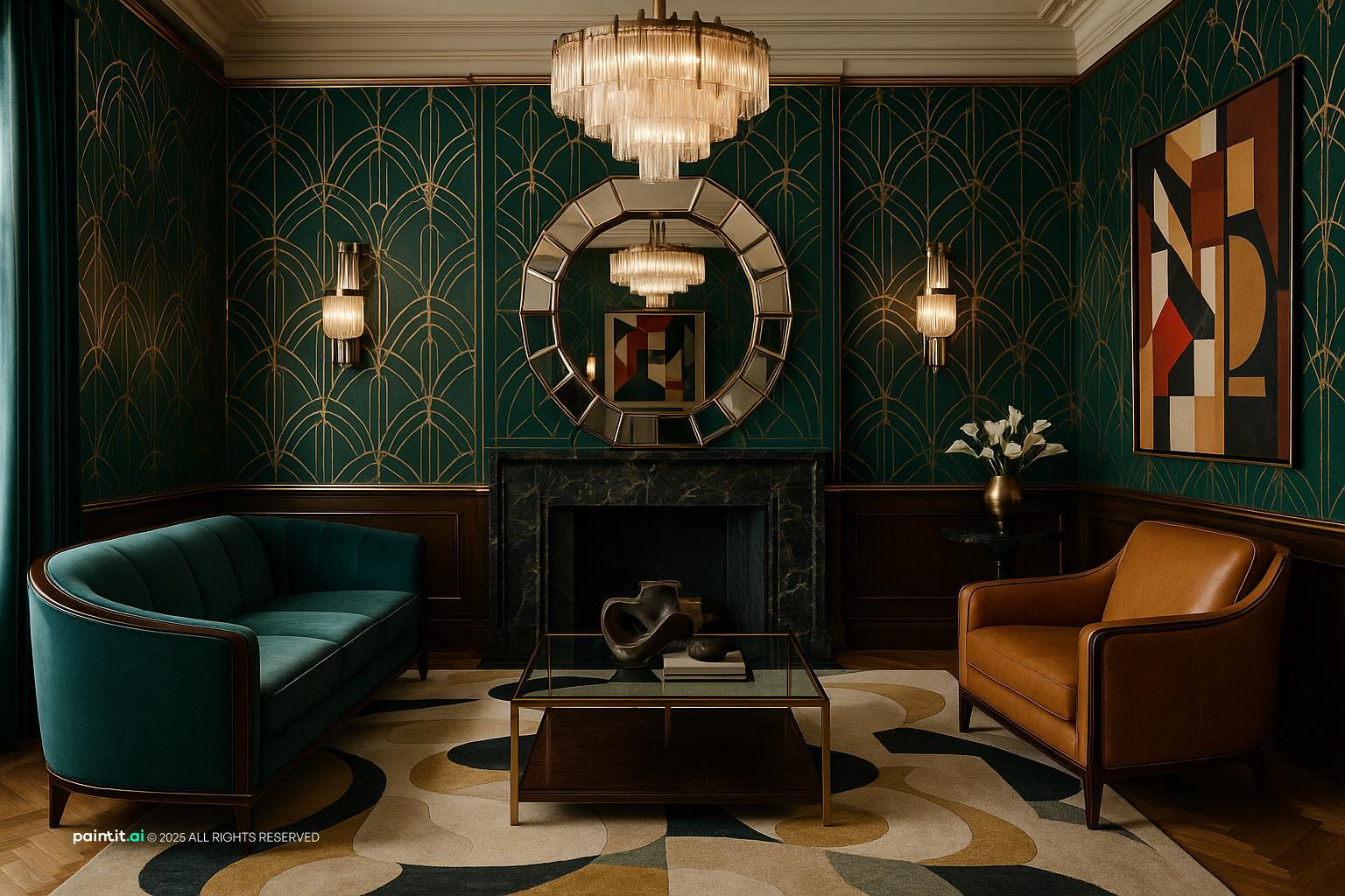 Stunning Art Deco Living Room Design with wood and rug and a calm living room atmosphere.