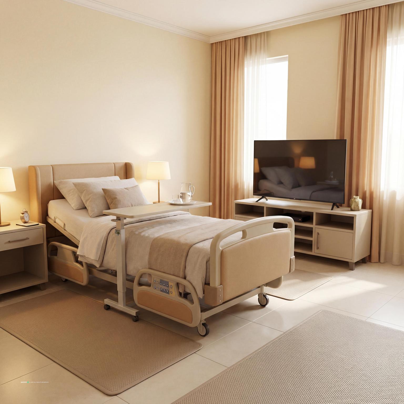 Resident bedroom with an adjustable care bed, over-bed table, bedside lamp, soft rug and a TV opposite the bed