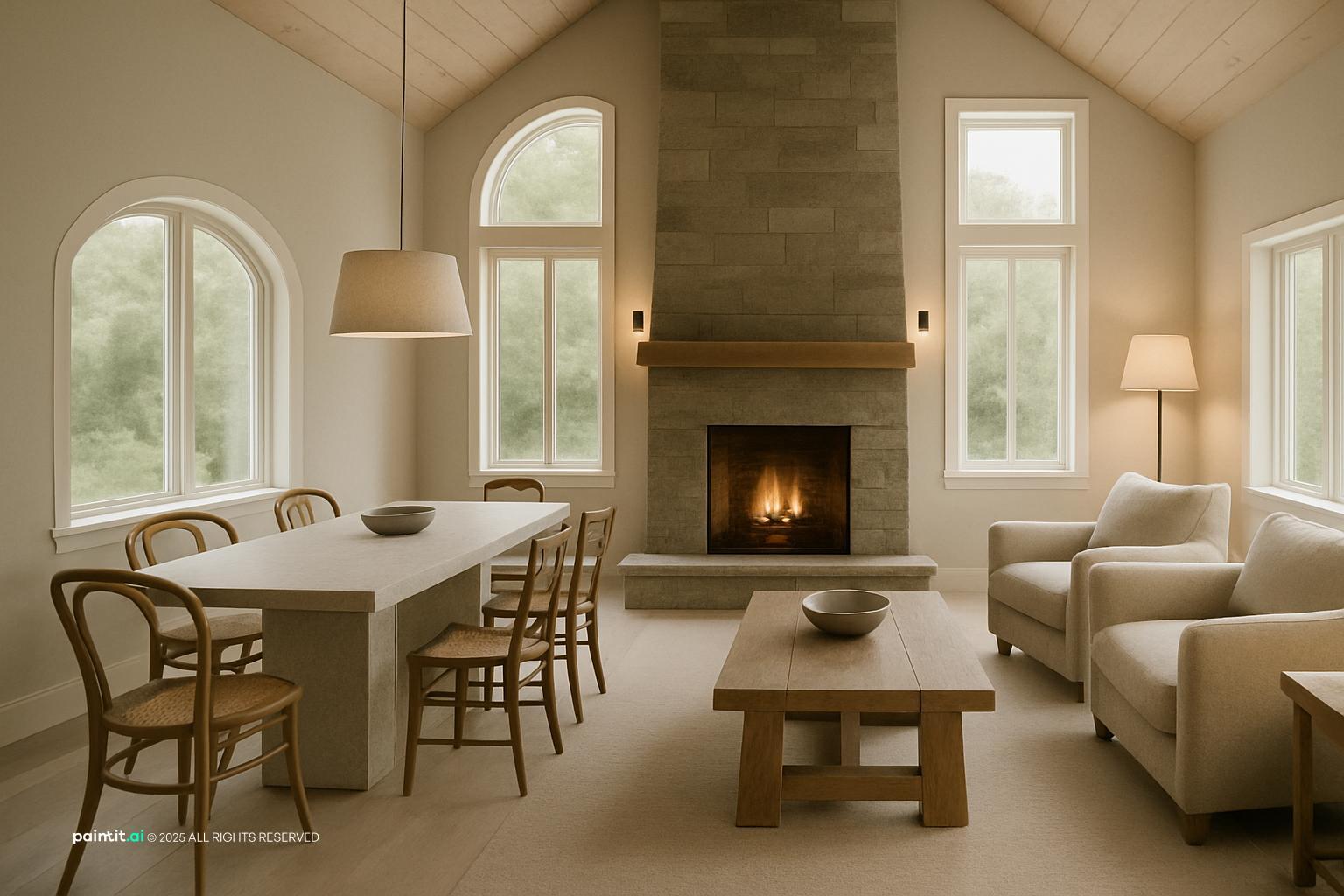 Rustic Scandinavian dining and sitting room with arched windows, a side fireplace, a long table and white armchairs