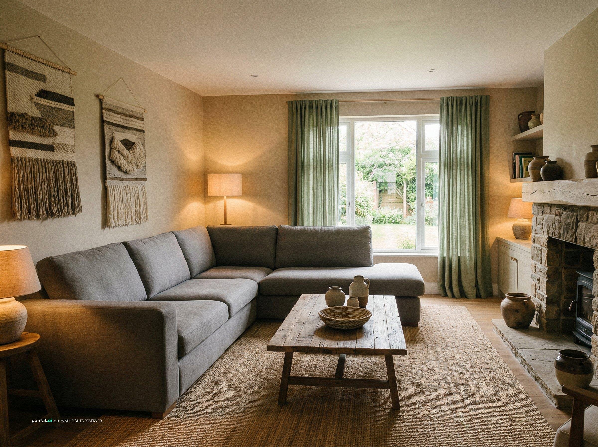 Cozy living room with a gray sectional, a stone fireplace, green curtains and a wooden coffee table