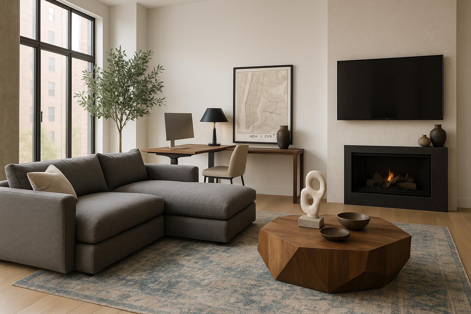 Double Wide Mobile Living Room Design with floor to ceiling windows and a calm living room atmosphere.