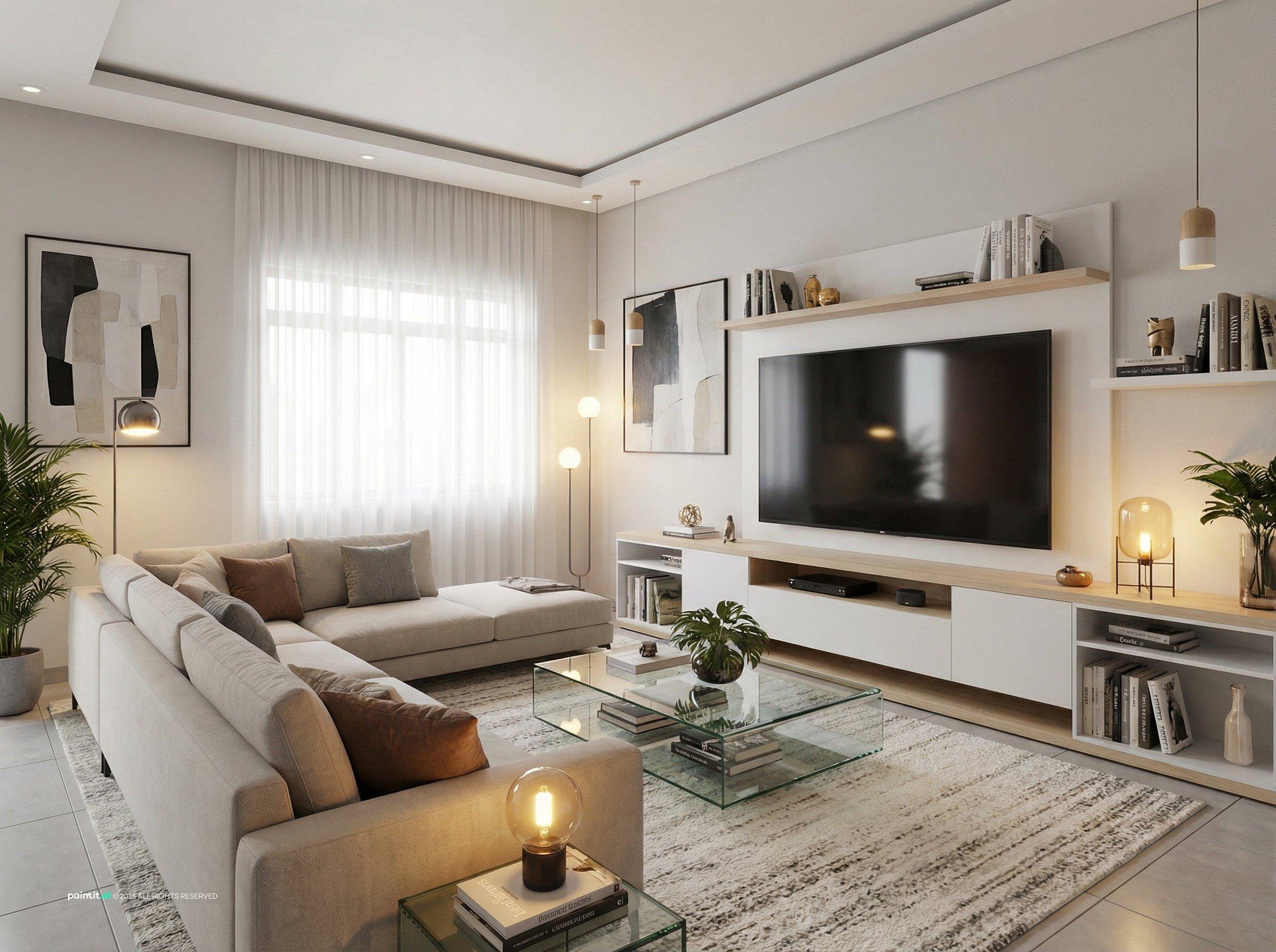 Living room with a white sofa, a patterned rug, a glass coffee table and a lit TV unit