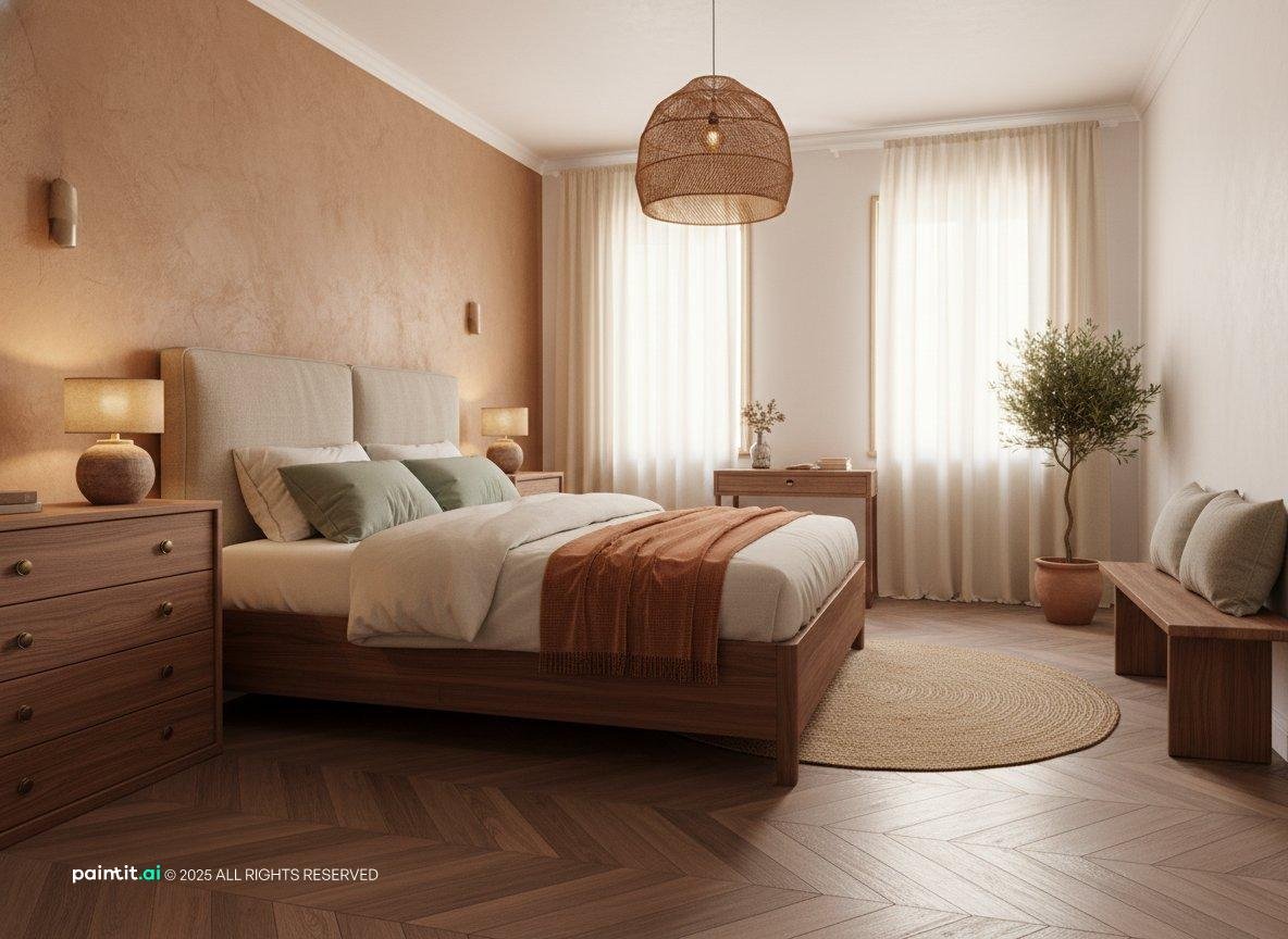 Rustic Mediterranean bedroom with warm plaster walls, a wooden bed, a woven pendant and a potted olive tree