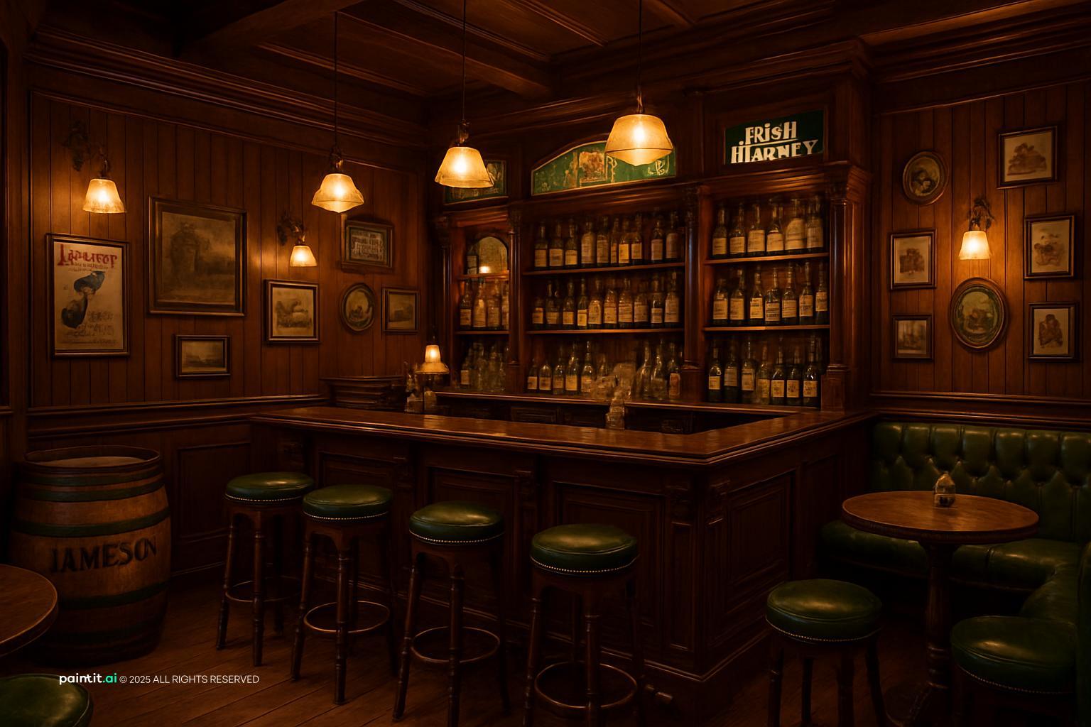 Classic Irish pub with a dark oak bar counter, green leather bar stools, barrels and framed prints