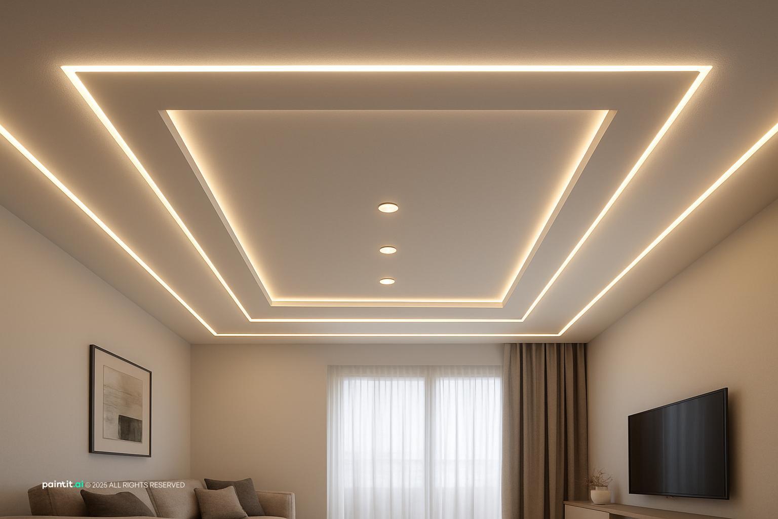 Minimalist false ceiling design with profile lighting for a square living room, enhancing wine living room ideas.
