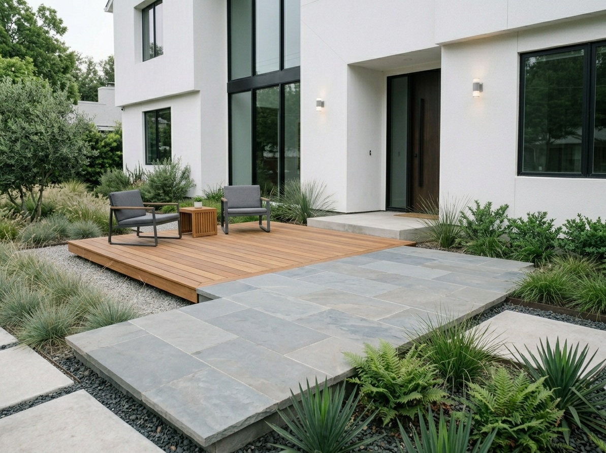 Modern low-profile front deck transitioning seamlessly into a bluestone patio at the same level with no step