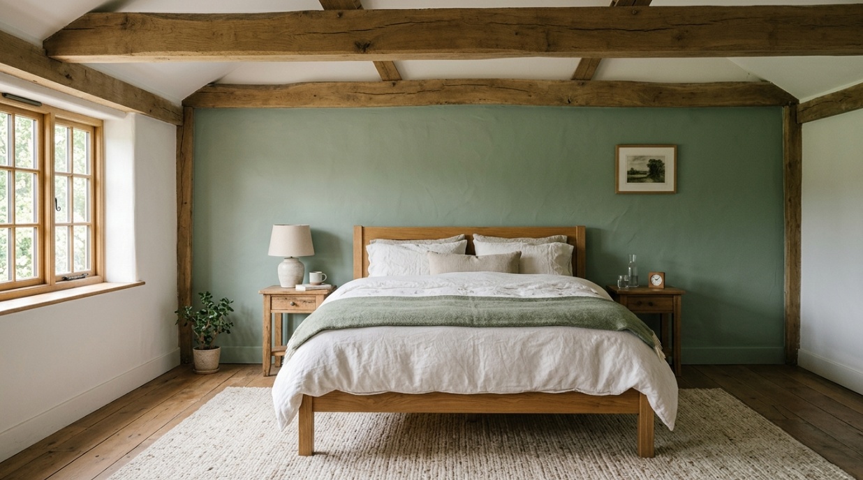 Rustic bedroom with a sage green accent wall and exposed oak ceiling beams