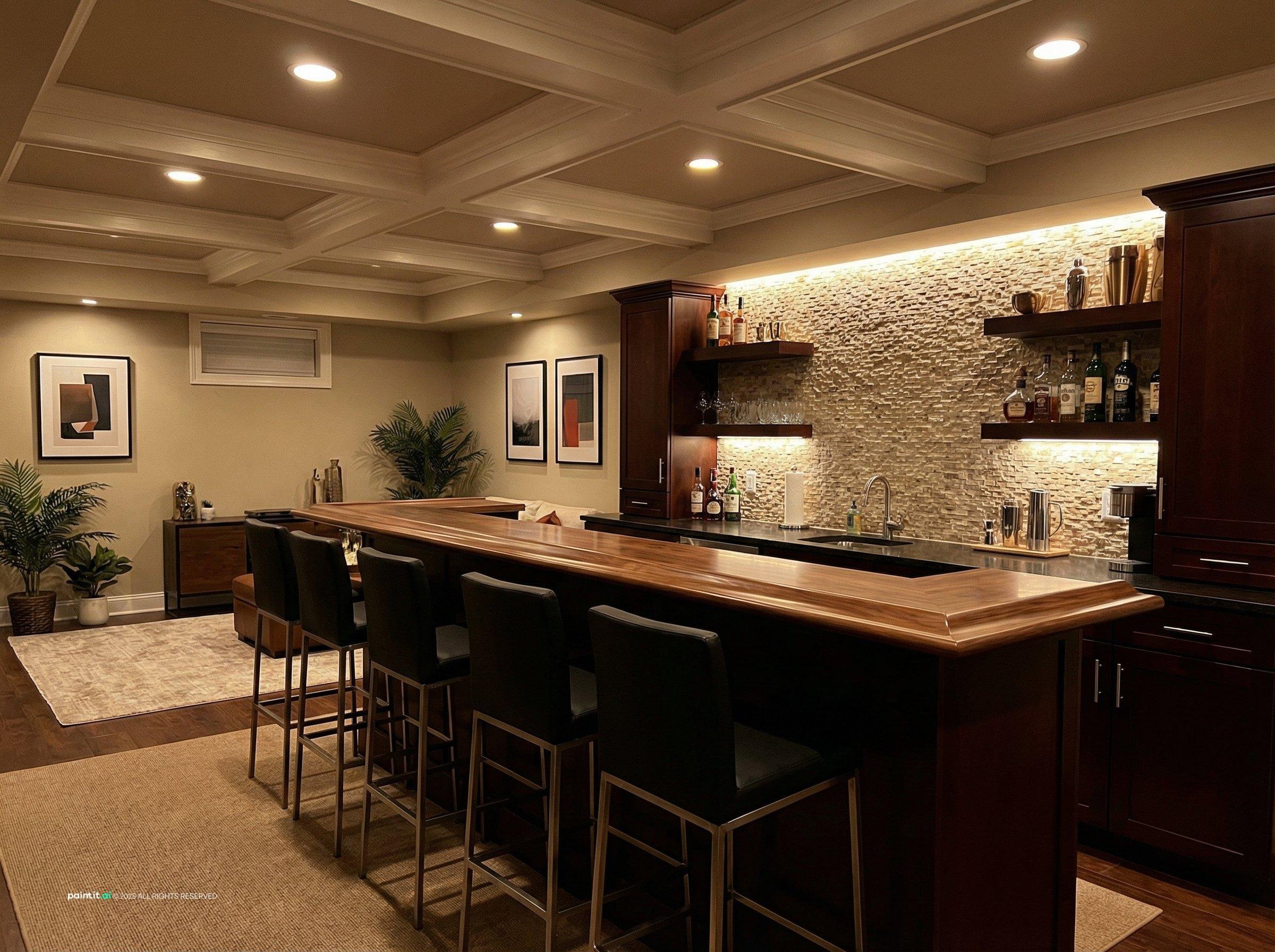 Modern basement home bar with a long counter, bar stools, wall shelves and warm LED lighting