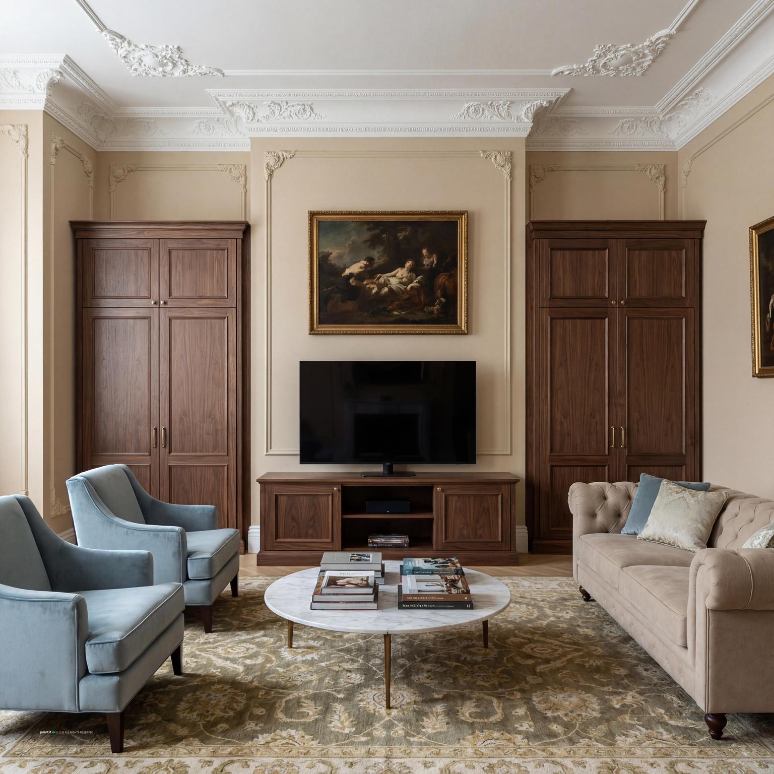A refined 1940s inspired Neoclassic living room, combining classic architectural details with comfortable furnishings and a balanced color palette.