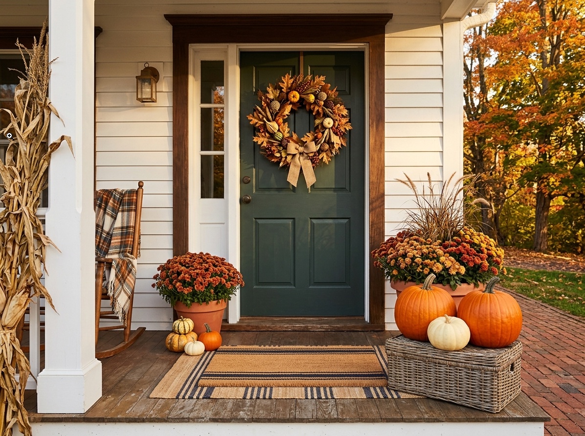 Front porch with autumn seasonal decor &mdash; pumpkins, fall wreath,  chrysanthemums in rust tones and layered natural doormat
