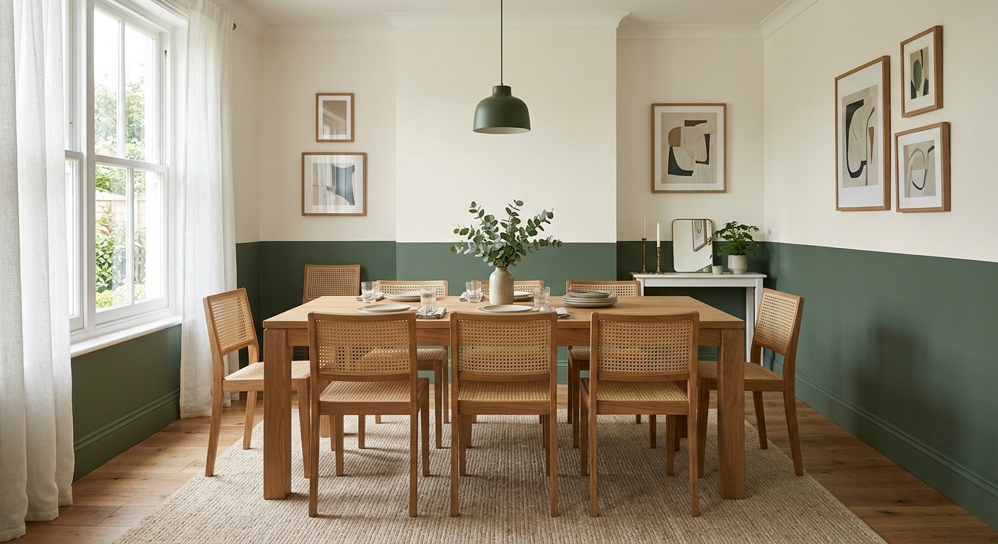 Dining room with a two-tone half wall in sage green and soft white