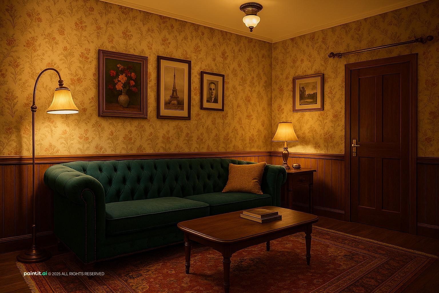 Small vintage parlor with a green Chesterfield, patterned wallpaper, framed pictures and a floor lamp