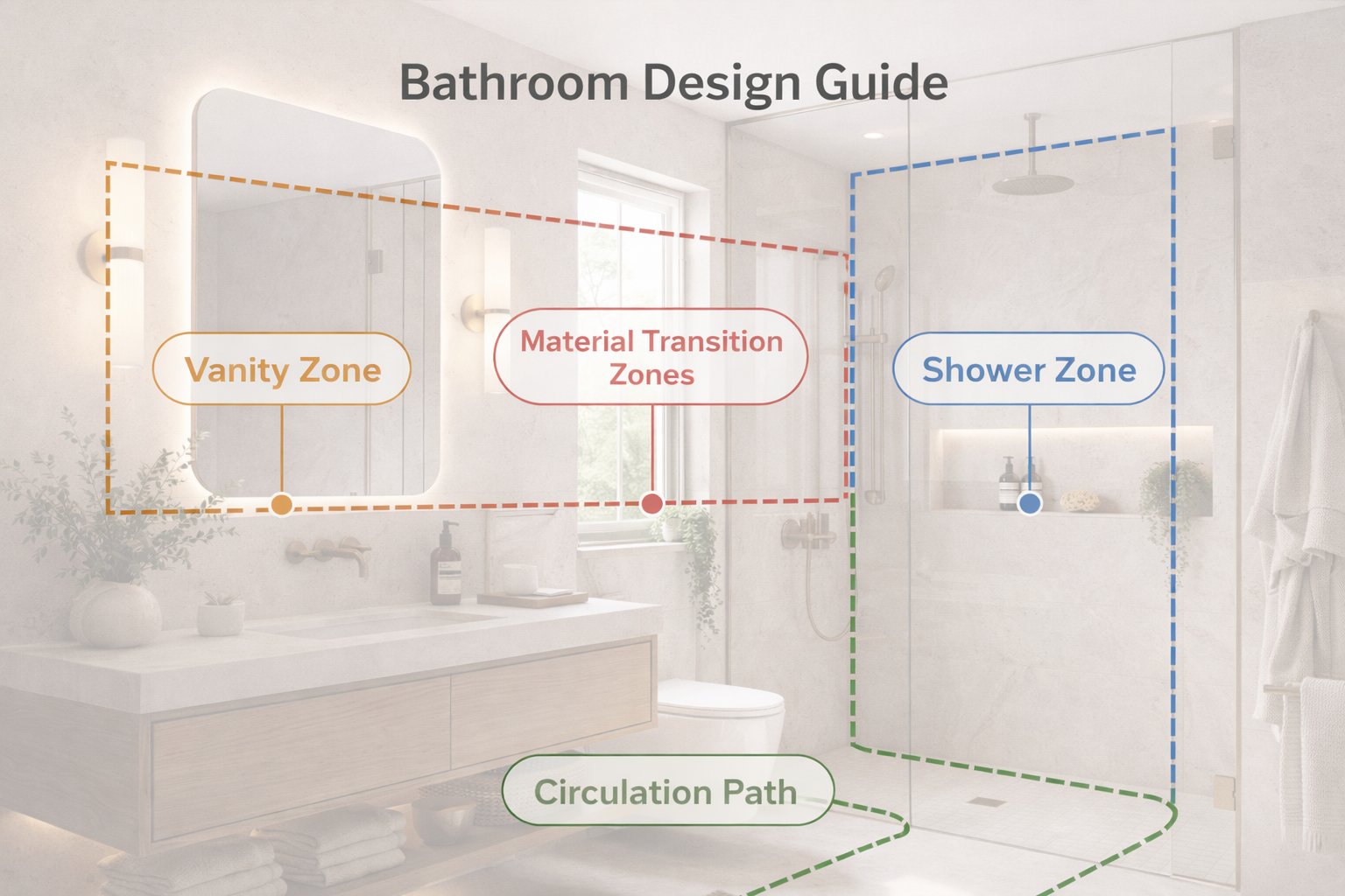 Educational bathroom diagram showing vanity zone, shower zone, material transitions, and circulation