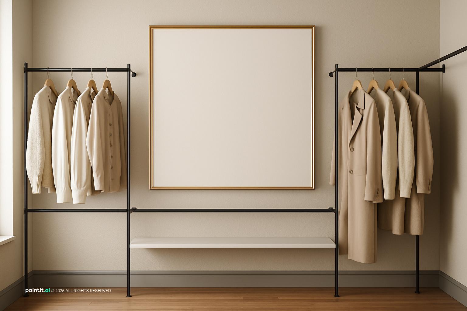 Clothing shop with a single wall of sleek metal rails, a large frame and open floor