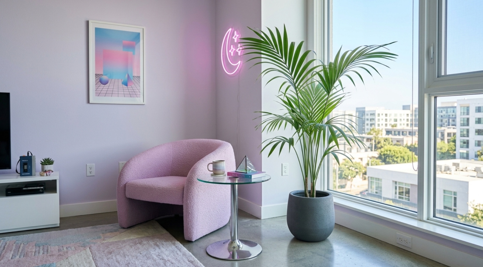Vaporwave living room using one potted palm as a restrained sculptural accent