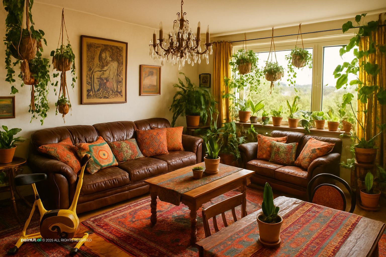Small vintage living room with a brown leather sofa, hanging plants, framed art and a patterned rug