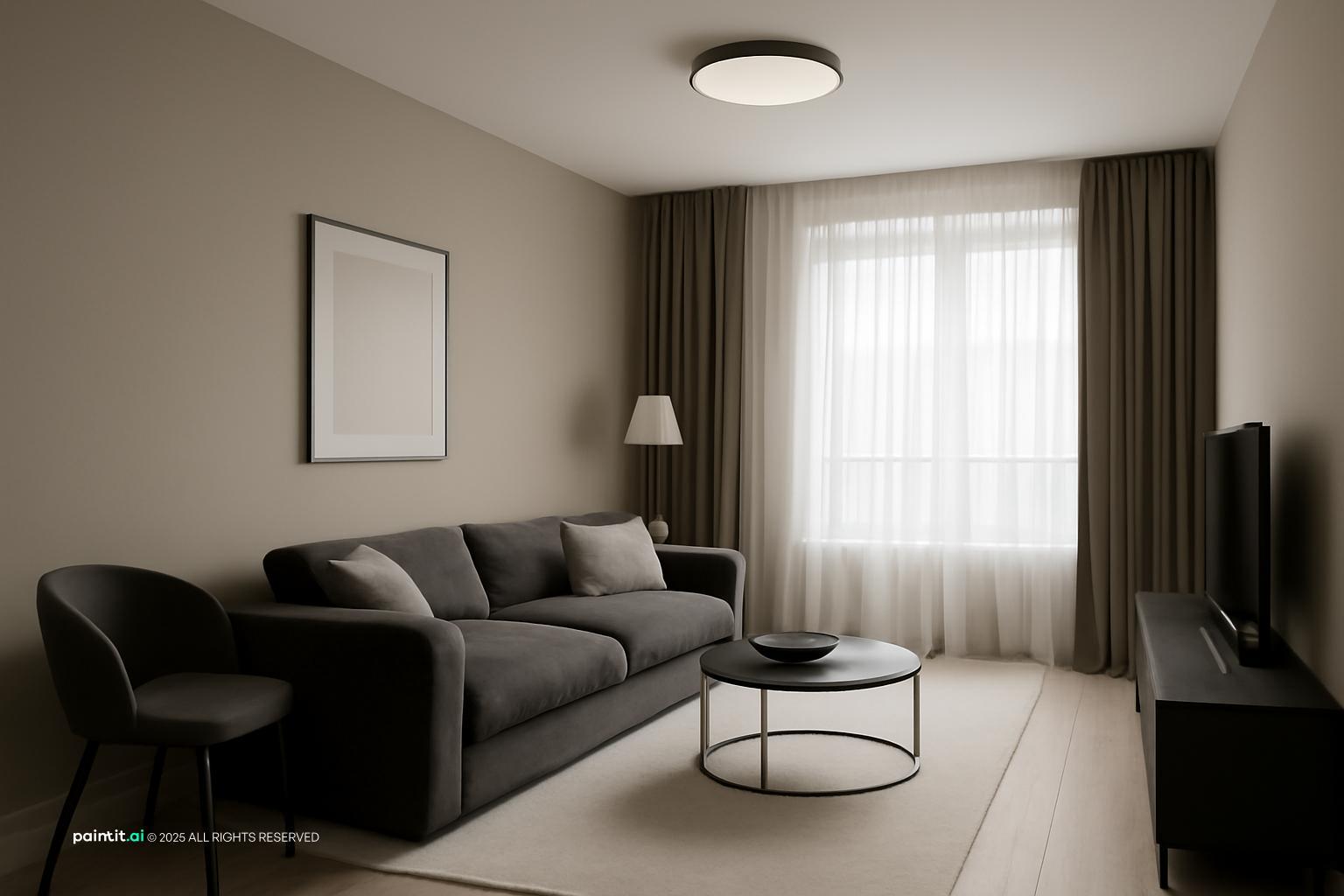 Minimal living room with a charcoal sofa, a black chair, a round coffee table and soft greige walls