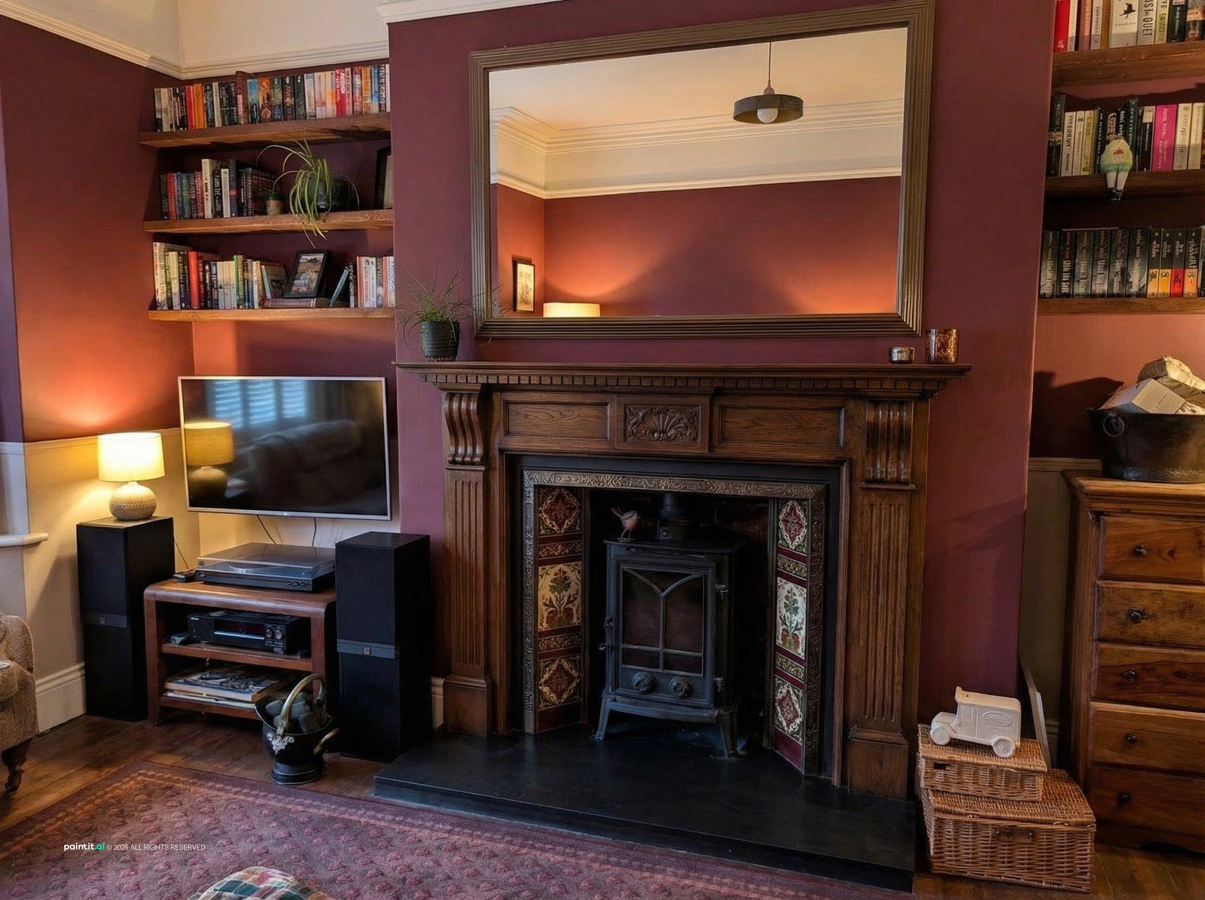 English living room with plum walls, a dark cast-iron fireplace with period tiles and built-in bookshelves