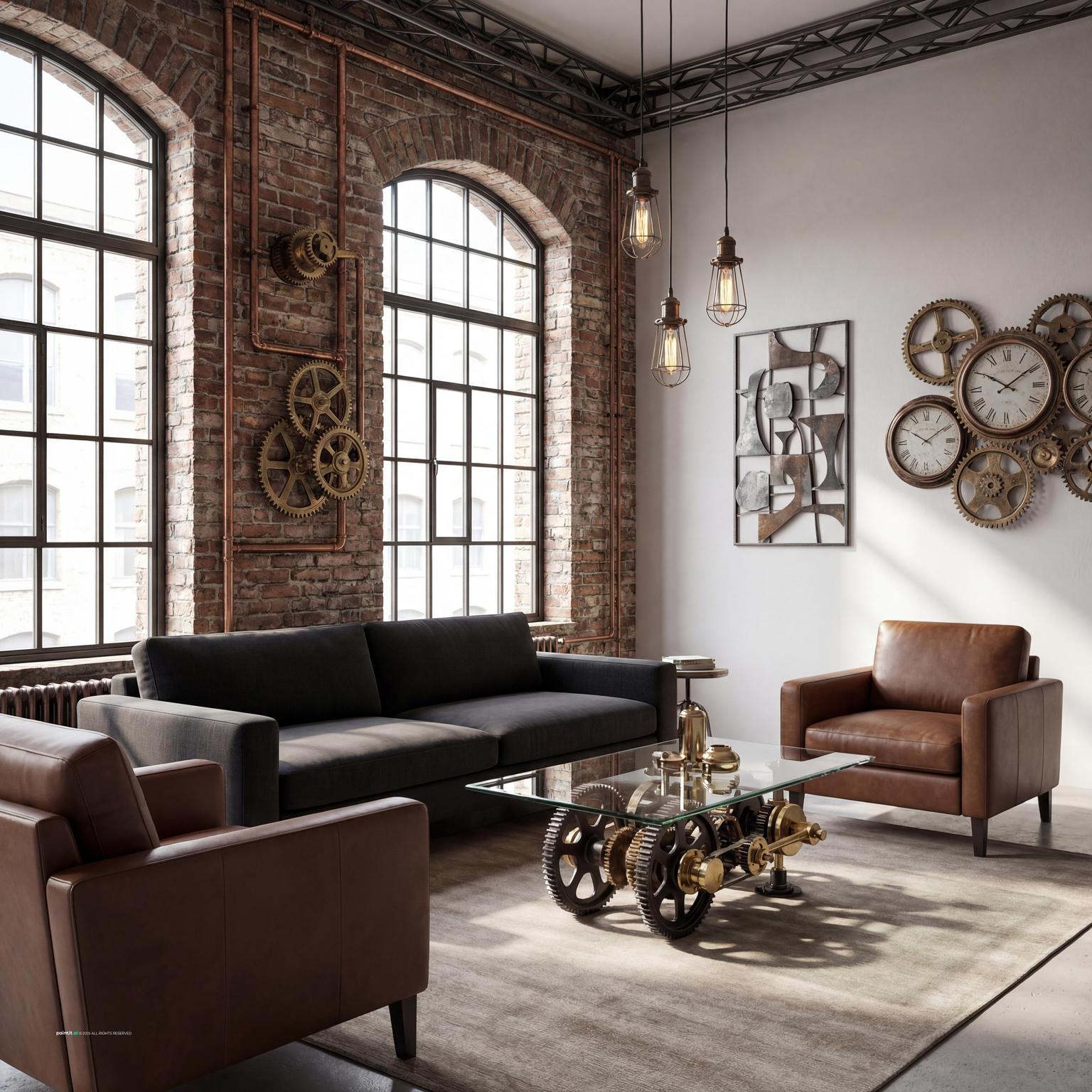 Unique steampunk contemporary loft living room design, incorporating industrial gears and vintage charm for an edgy, distinctive space.