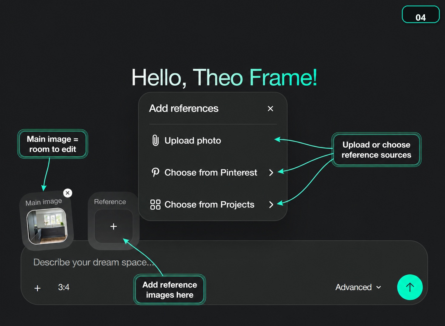 Paintit.ai interface showing the Add references control with upload, Pinterest, and project source options.
