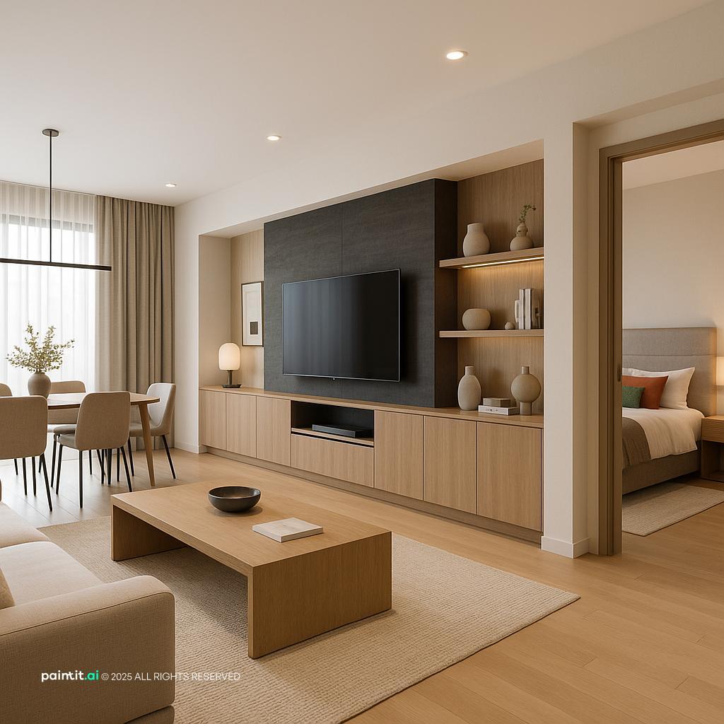 Modern 4BHK Interior Design Inspiration showing layered neutrals, natural light for Contemporary Living Room Ideas.