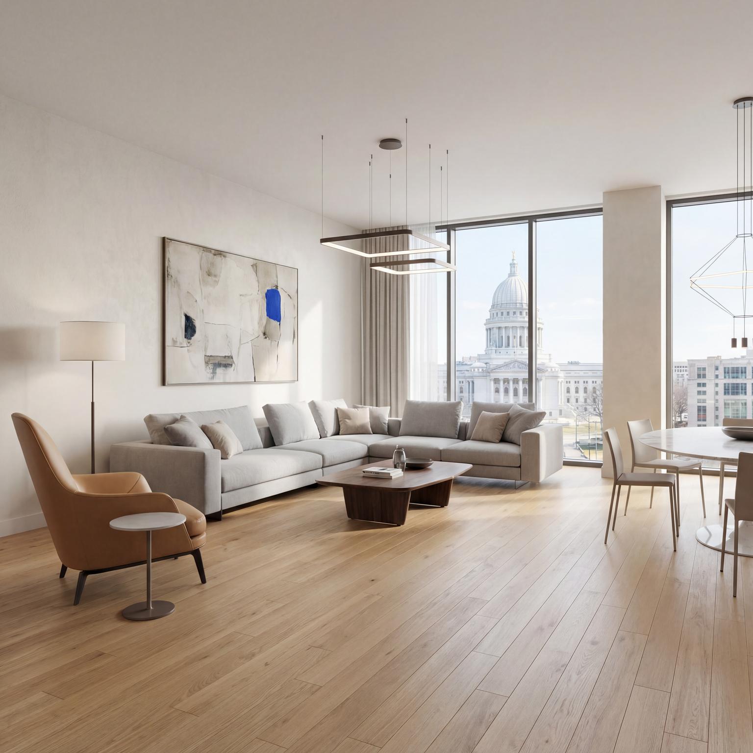 Stunning 80s inspired modern living room design, showcasing sleek furniture, bold color blocking, and iconic retro elements.