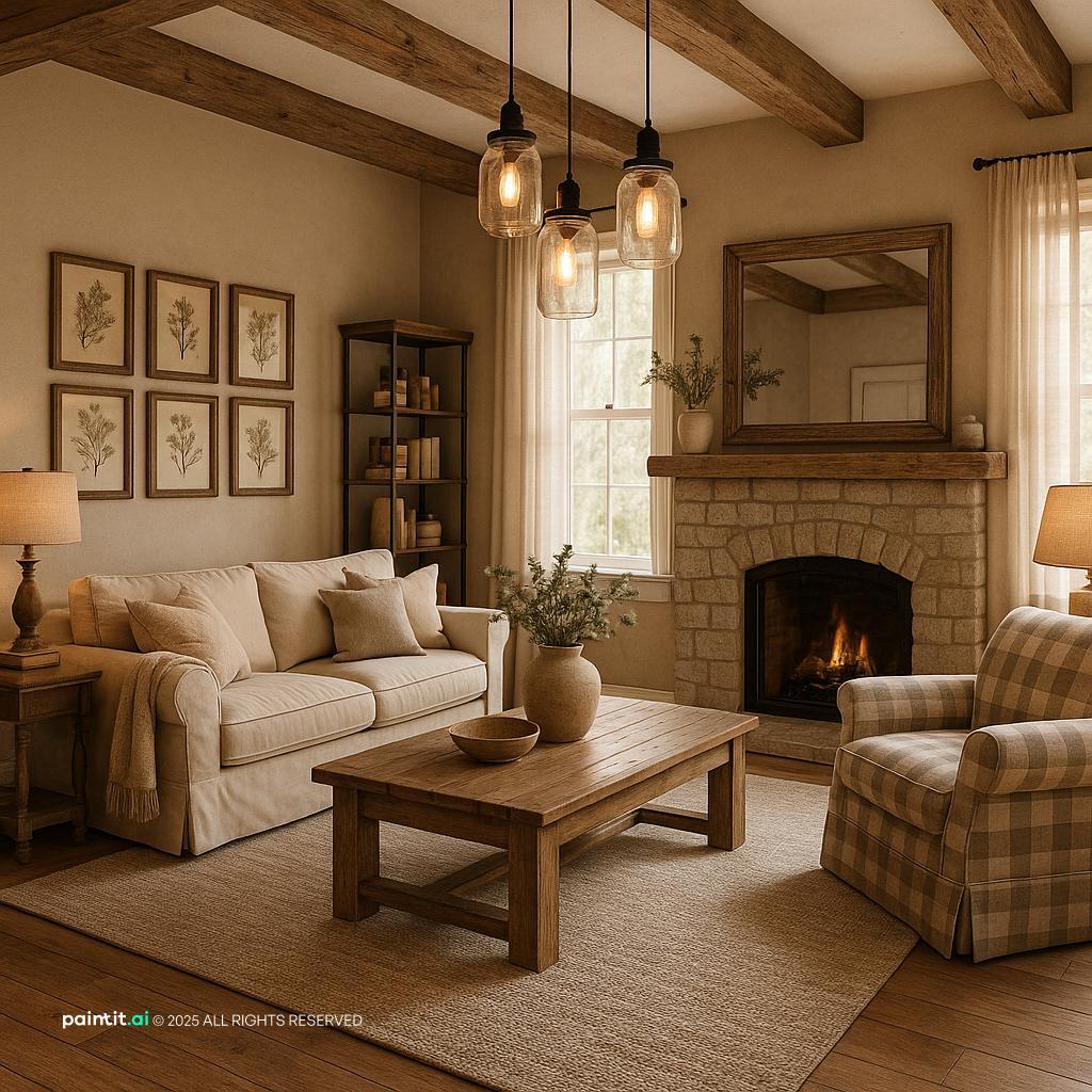 Cozy Farmhouse Living Room Design Inspiration showing gallery wall artwork, soft textiles, layered neutrals for Living Room Gallery Wall Ideas.