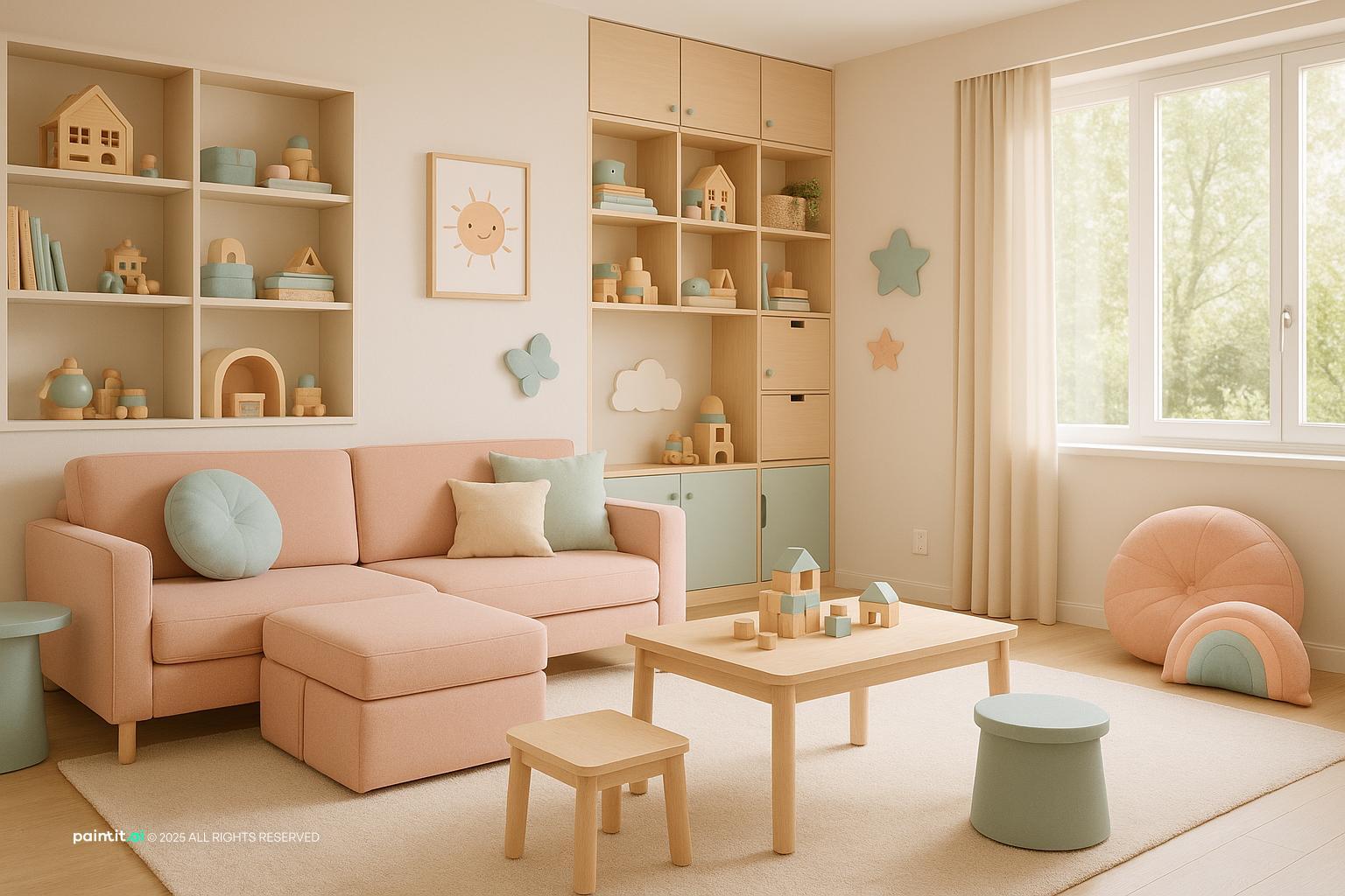light pink living room with natural textures and a calm living room atmosphere.
