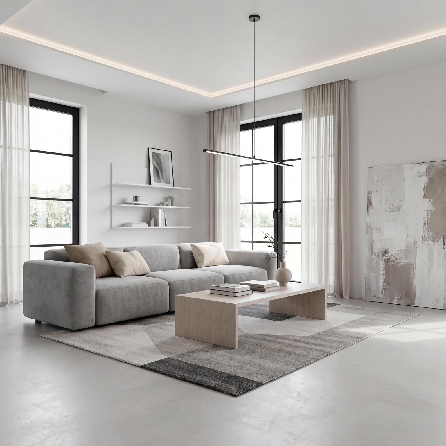 Stylish minimalist living room design with discreet built-in storage, floating shelves, and custom cabinetry in a neutral, calm palette.