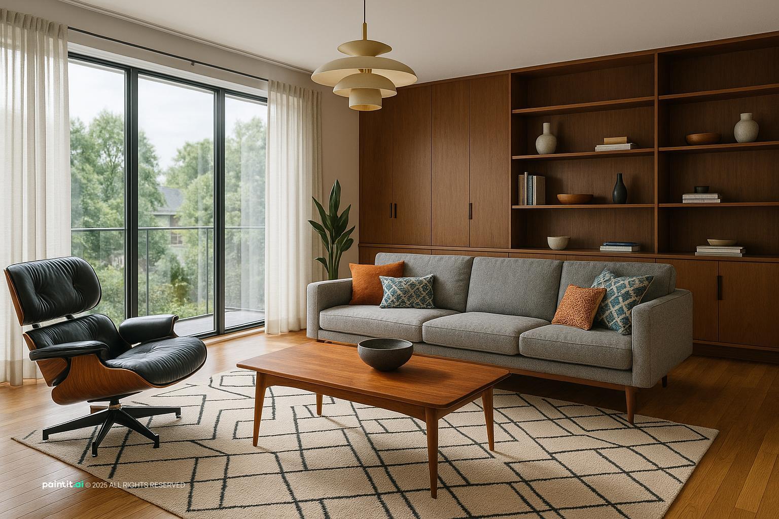 Modern Mid-Century Living Room Design showing orange warmth, soft textiles, clean-lined furniture for Orange Living Room Ideas.