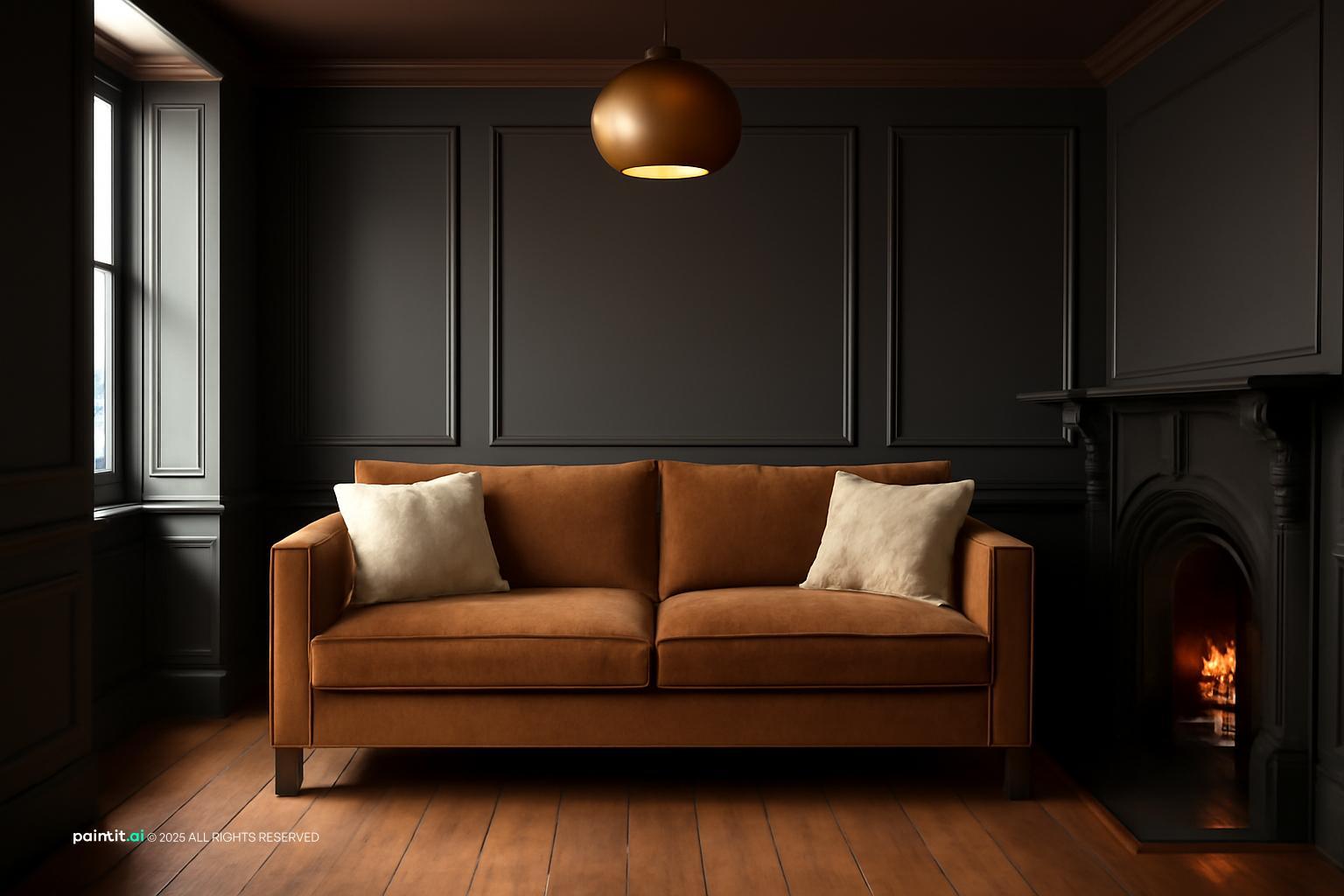 English room with charcoal wall paneling, a cast-iron period fireplace and a cognac leather sofa