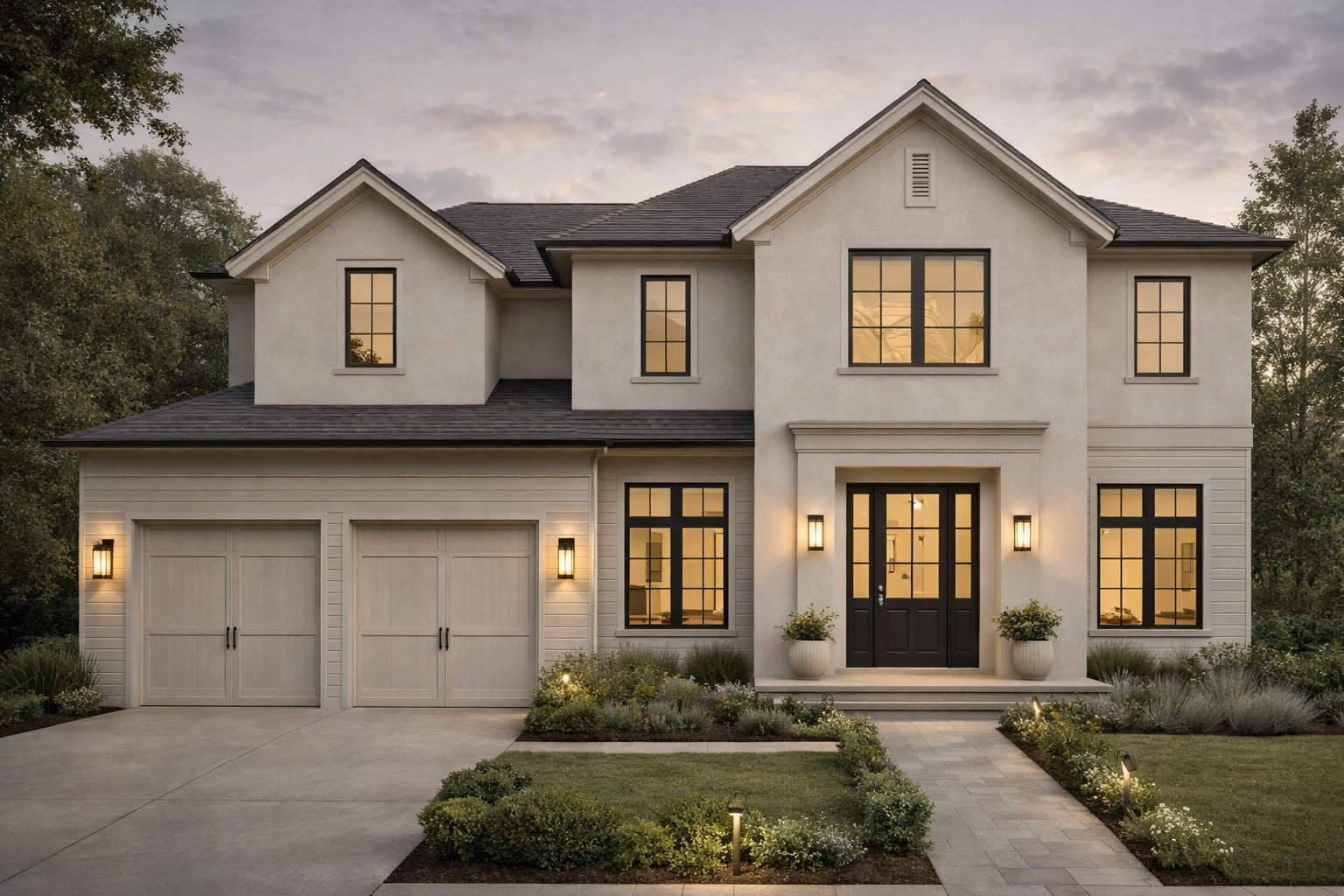 Exterior redesign example showing strong facade hierarchy, balanced materials, and realistic curb appeal