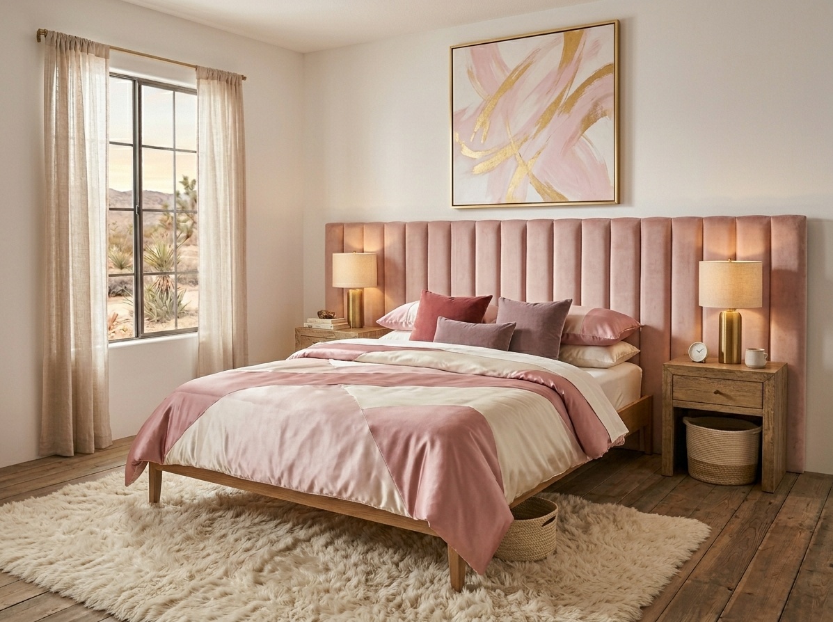 Glamorous pink boho chic bedroom with tall blush velvet tufted headboard,  satin bedding, brass floor lamps, and abstract gold canvas art