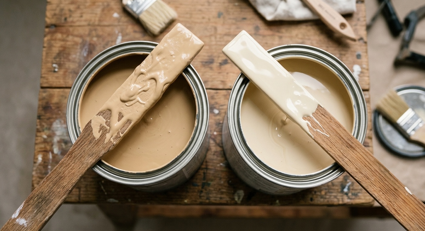 two open paint cans on a wooden workbench perfectly captures the requested flat-lay perspective