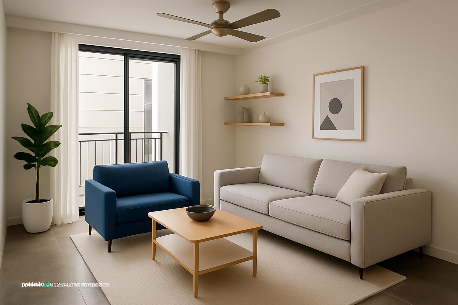 Living room with a white sofa and a blue armchair