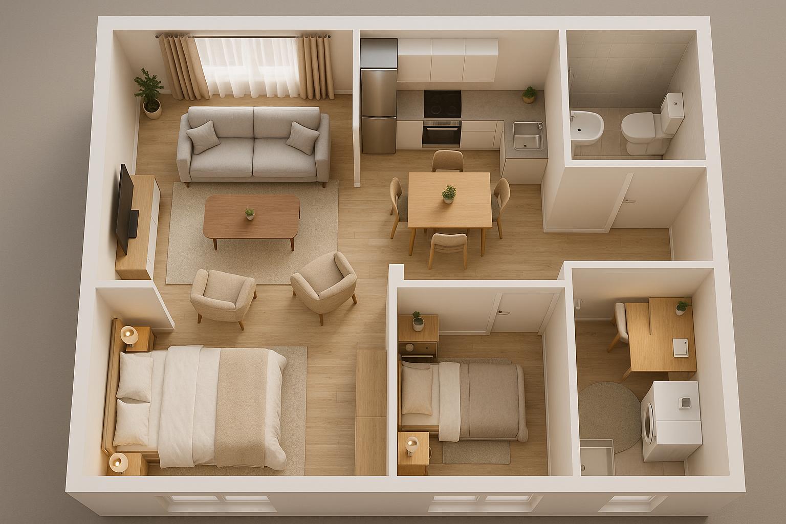 Cozy Modern Apartment Design with warm lighting and a calm living room atmosphere.